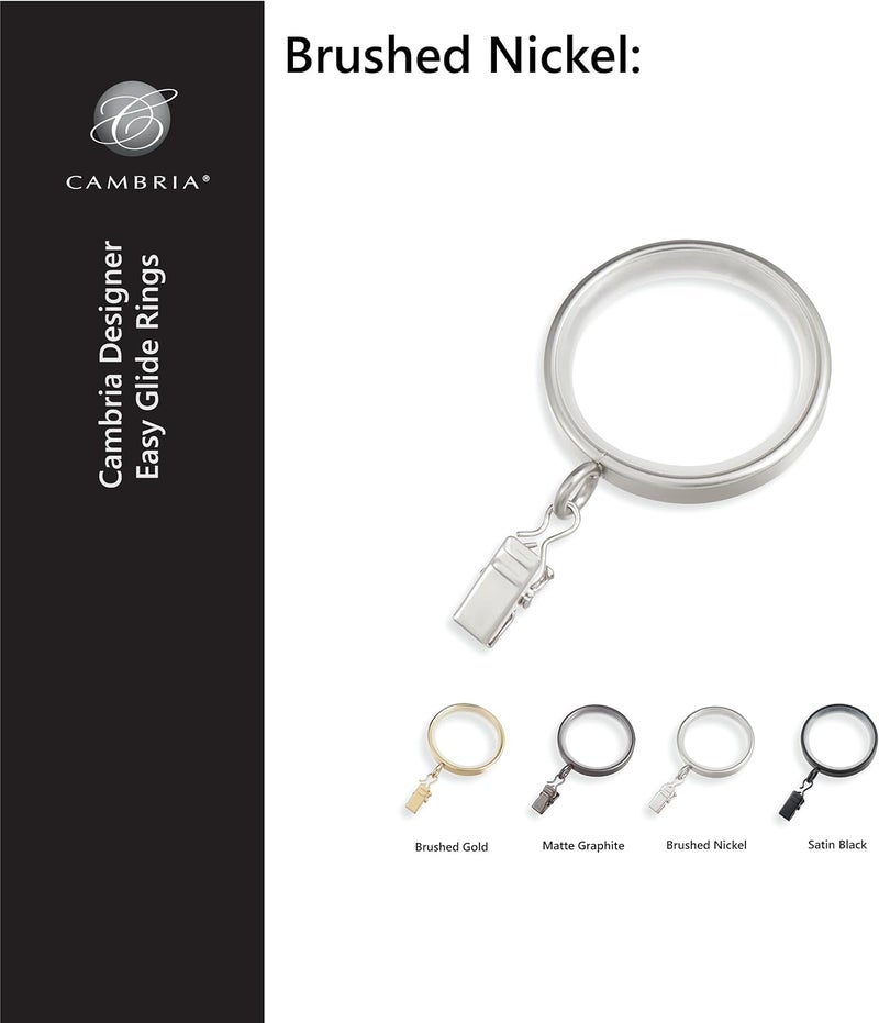 MODE Cambria Designer Series - Premium Easy Glide 18 Count Curtain Rings - Metal with Smooth, Quiet Nylon Inserts with Clips - 2 inch Diameter (1-5/8 inch Inside Diameter) - Brushed Nickel - Image 3
